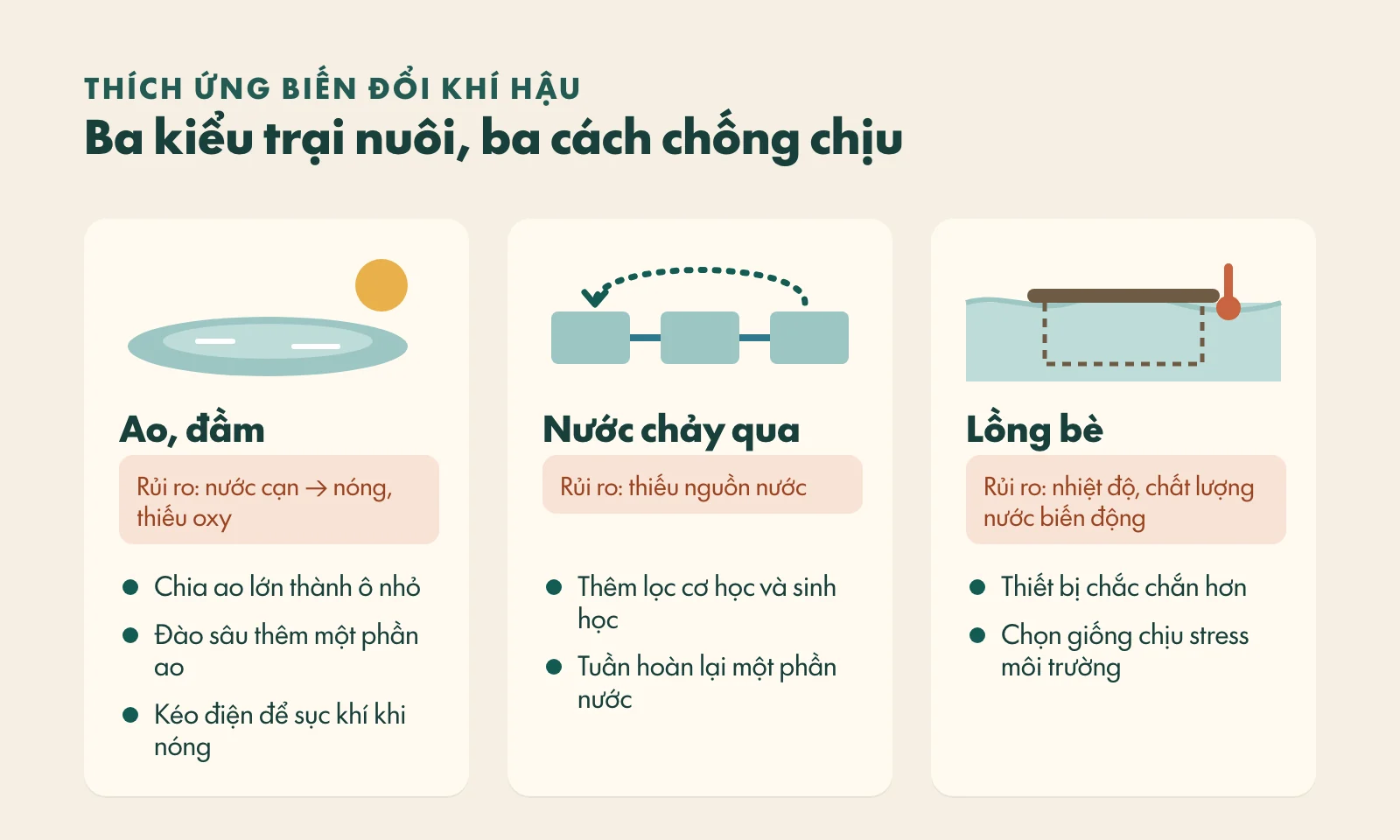 Ba kiểu trại nuôi và cách chống chịu: ao đầm chia ô, đào sâu, kéo điện sục khí; trại nước chảy qua thêm lọc và tuần hoàn một phần; lồng bè dùng thiết bị chắc hơn và giống chịu stress