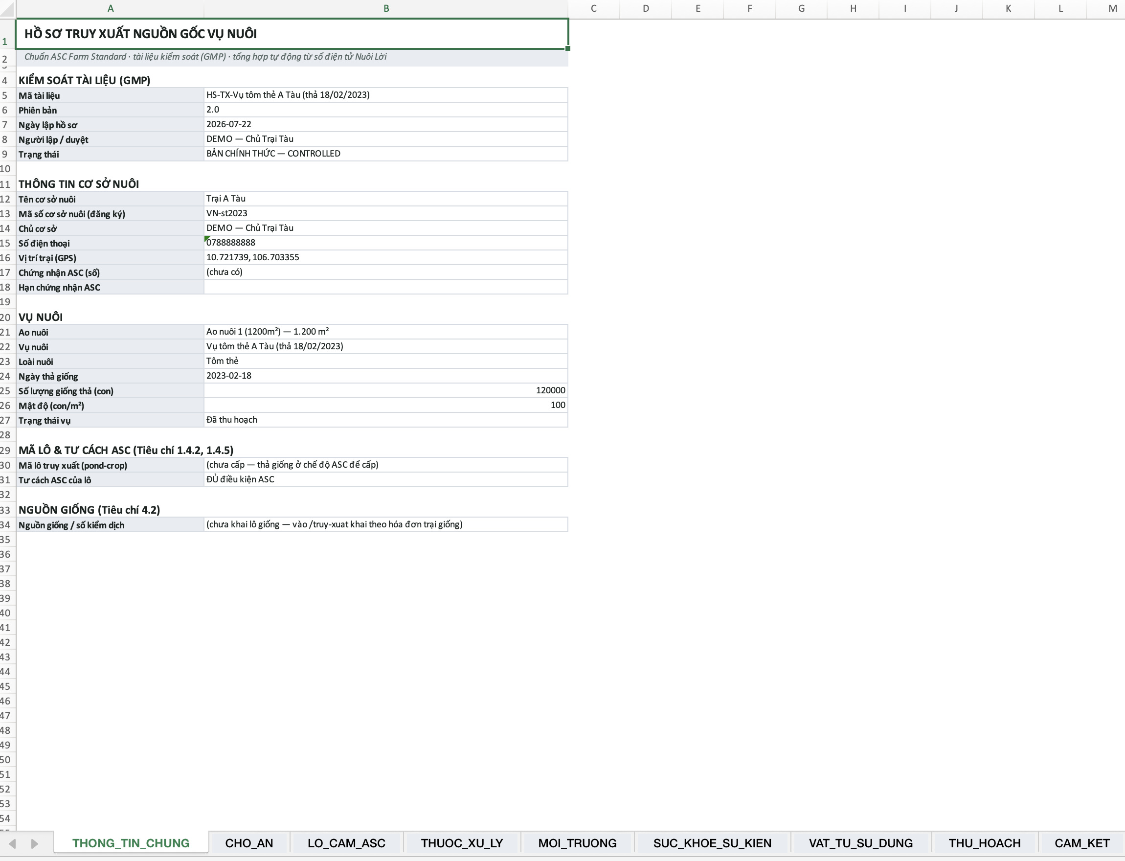 Excel traceability record exported from Nuoi Loi for an aquaculture crop