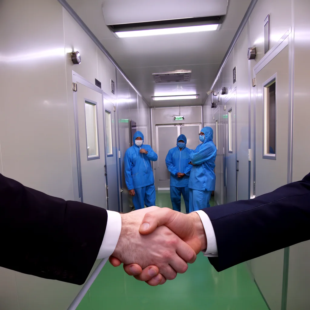 B2B partnership handshake at Than Vuong GMP-WHO facility