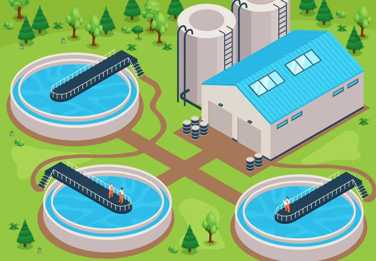 Pond treatment process illustration — aeration basins and operators