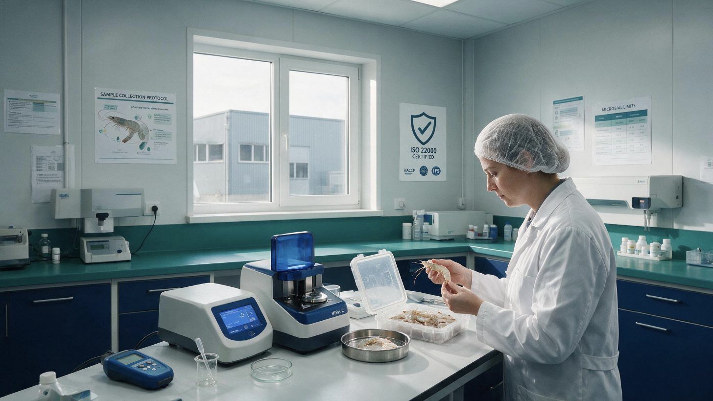 Kỹ thuật viên kiểm nghiệm mẫu tôm trong phòng lab nhà máy chế biến